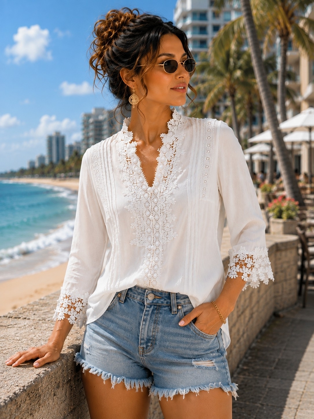 Mazik White Floral Lace Crochet Blouse Button Front Size S